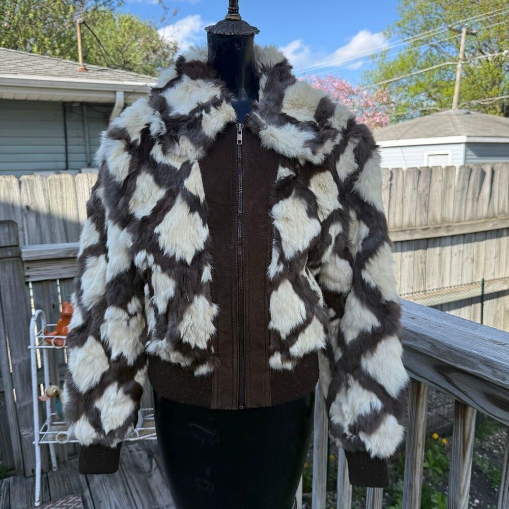 Vintage Patchwork Rabbit Fur Bomber Zip Up Jacket - As Is